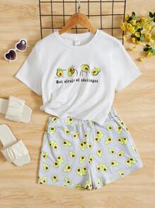 SHEIN Teen Girls Cartoon & Slogan Graphic Tee & Shorts - Multicolor - View 5