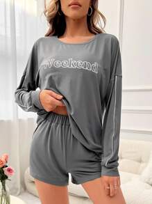 Letter Graphic Drop Shoulder Contrast Piping Lounge Set - Grey - View 2