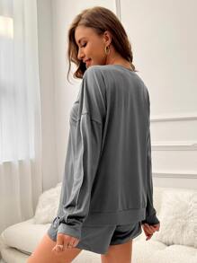 Letter Graphic Drop Shoulder Contrast Piping Lounge Set - Grey - View 3