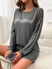 Letter Graphic Drop Shoulder Contrast Piping Lounge Set - Grey - View 1