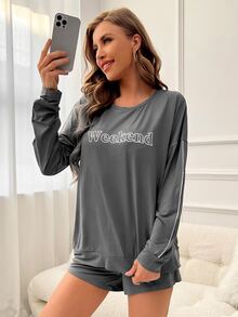 Letter Graphic Drop Shoulder Contrast Piping Lounge Set - Grey - View 4