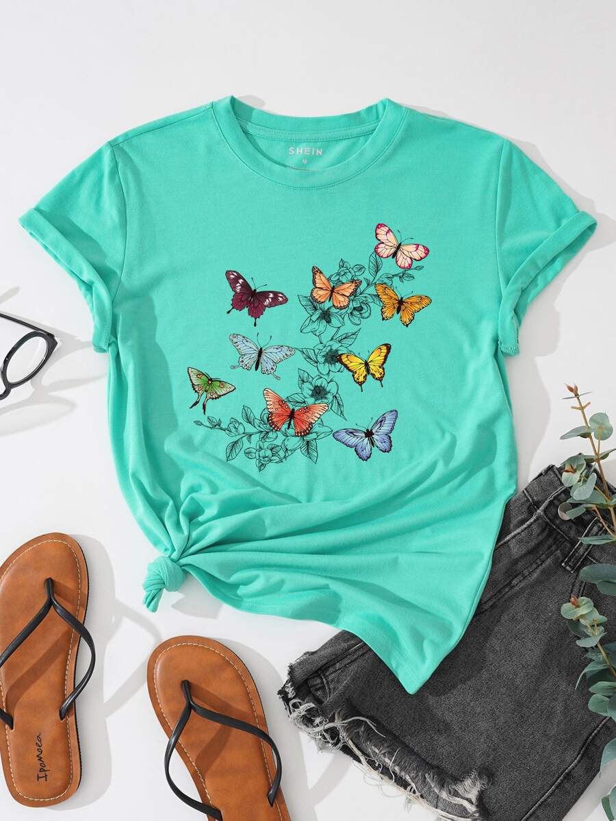 SHEIN LUNE Butterfly And Floral Print Tee - Mint Green - View 1