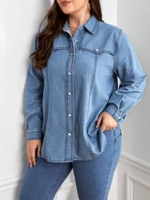 Camisa mezclilla con botón delantero - Azul lavado medio - Ver 4