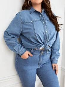 Camisa mezclilla con botón delantero - Azul lavado medio - Ver 3