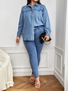 Camisa mezclilla con botón delantero - Azul lavado medio - Ver 1