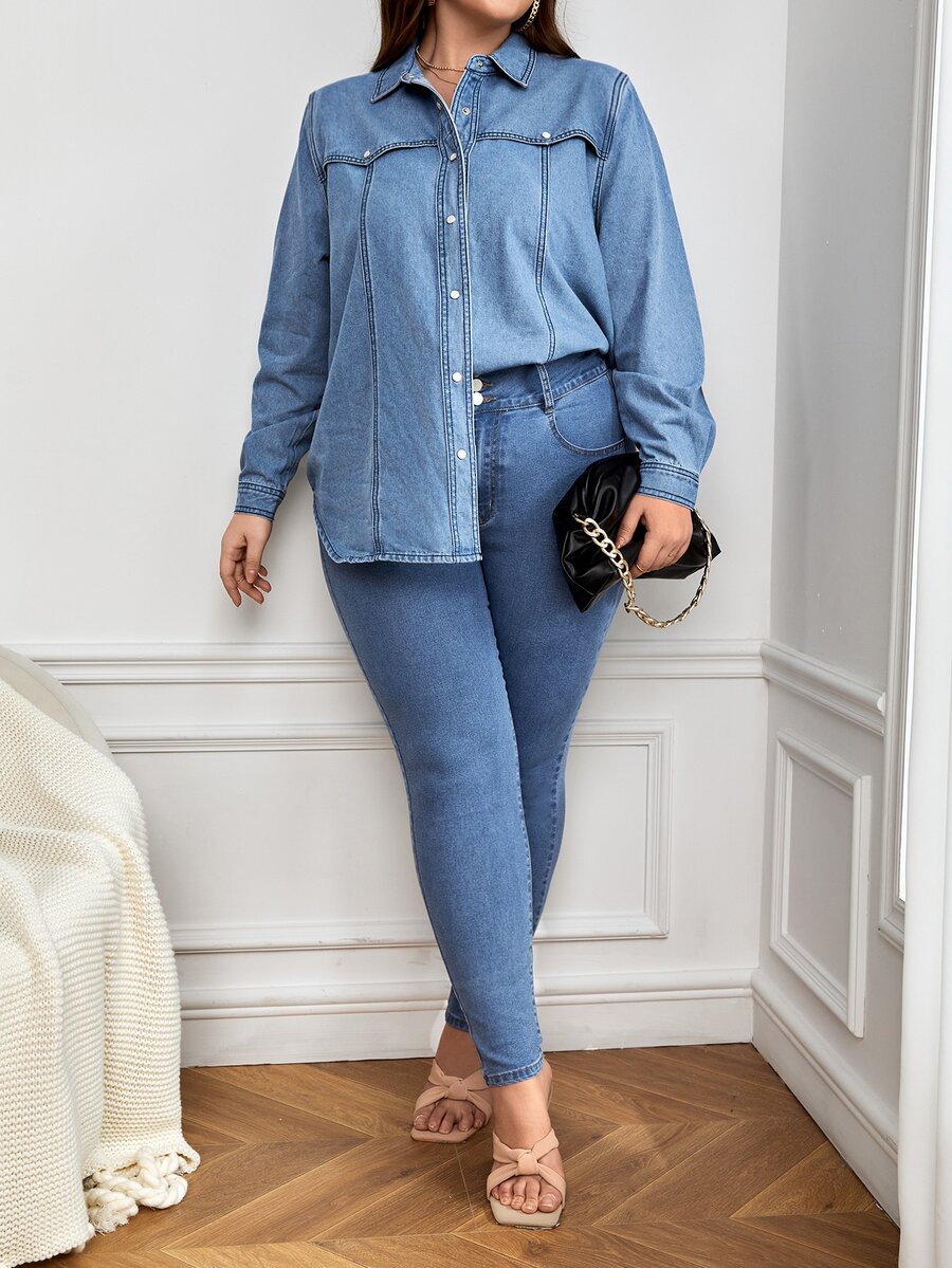 Camisa mezclilla con botón delantero - Azul lavado medio - Ver 1