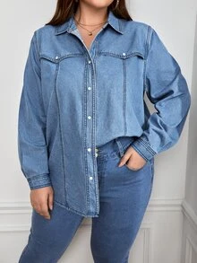 Camisa mezclilla con botón delantero - Azul lavado medio - Ver 5