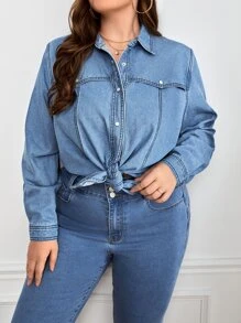 Camisa mezclilla con botón delantero - Azul lavado medio - Ver 6