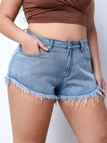 大碼毛邊牛仔短褲 - 淺色水洗藍 - 查看 4