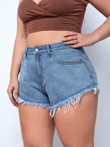 大碼毛邊牛仔短褲 - 淺色水洗藍 - 查看 1