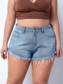 大碼毛邊牛仔短褲 - 淺色水洗藍 - 查看 5