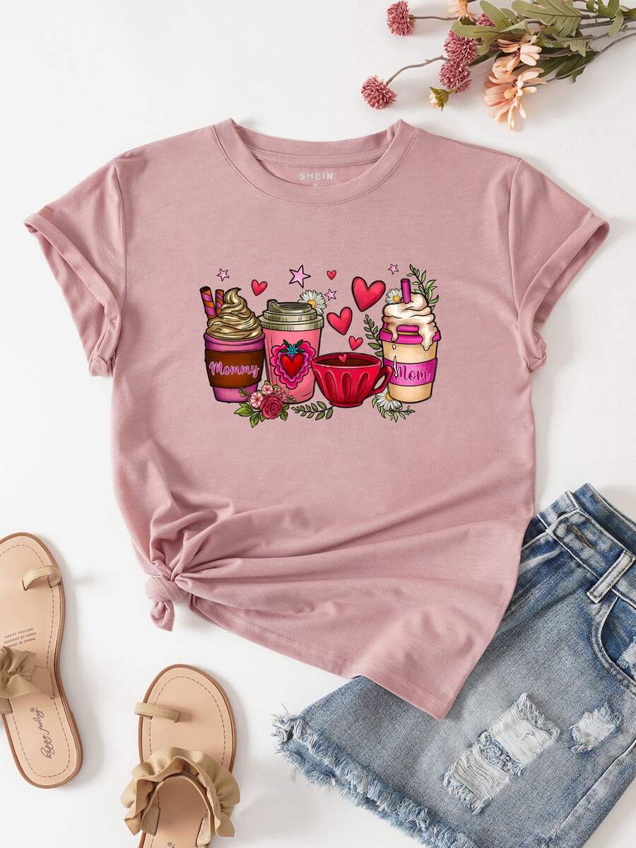 SHEIN Essnce Heart And Floral Print Tee - Dusty Pink - View 1