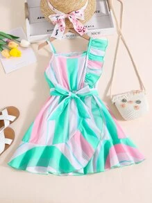 SHEIN Toddler Girls Colorblock Ruffle Trim Belted Dress - Multicolor - View 1