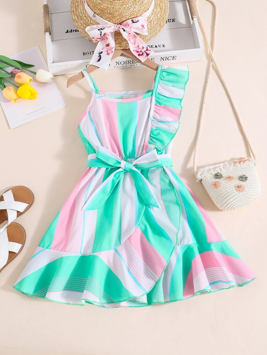 SHEIN Toddler Girls Colorblock Ruffle Trim Belted Dress - Multicolor - View 1
