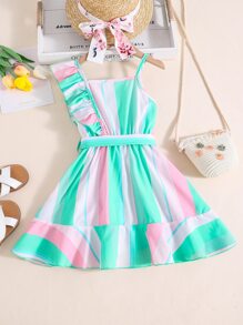 SHEIN Toddler Girls Colorblock Ruffle Trim Belted Dress - Multicolor - View 2