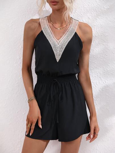 SHEIN LUNE 拼接水溶蕾絲前繫帶連身短褲