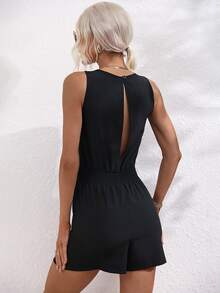 SHEIN LUNE 拼接水溶蕾絲前繫帶連身短褲 - 黑色 - 查看 2