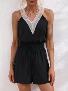 SHEIN LUNE 拼接水溶蕾絲前繫帶連身短褲 - 黑色 - 查看 3