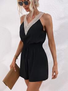 SHEIN LUNE 拼接水溶蕾絲前繫帶連身短褲 - 黑色 - 查看 5