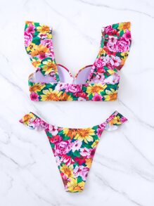 SHEIN Swim Summer Beach Floral Print Bikini Set Ruffle Trim Push Up Top & High Cut Bottom 2 Pieces Bikini - Multicolor - View 4