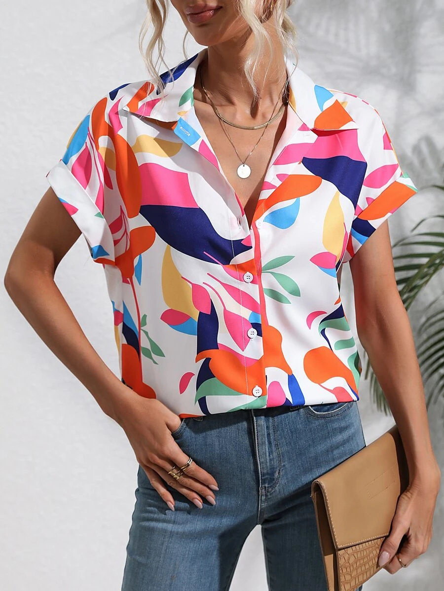 Breezaya Áo sơ mi nữ Nút phía trước In ngẫu nhiên Boho - trắng - Xem 1