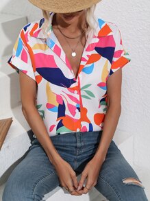 Breezaya Áo sơ mi nữ Nút phía trước In ngẫu nhiên Boho - trắng - Xem 3