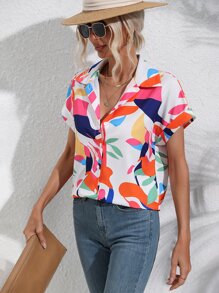 Breezaya Áo sơ mi nữ Nút phía trước In ngẫu nhiên Boho - trắng - Xem 5