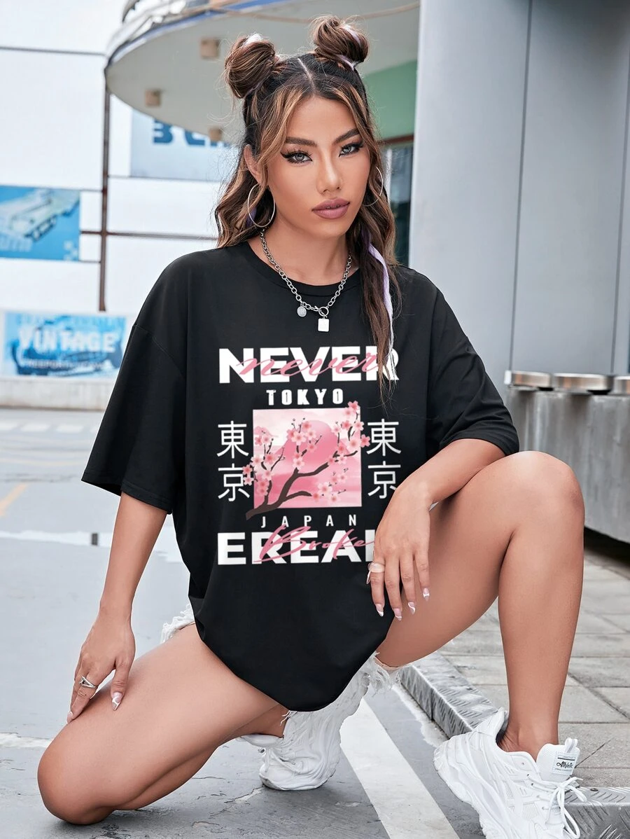 SHEIN Frenchy Floral & Letter Graphic Drop Shoulder Tee - Black - View 1