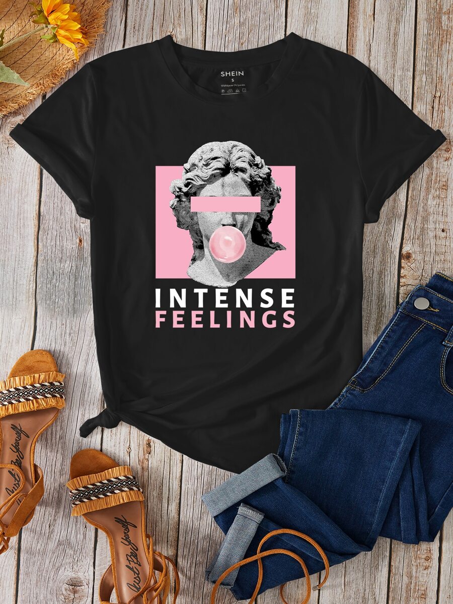 SHEIN Essnce Statue & Letter Graphic Tee - Black - View 1