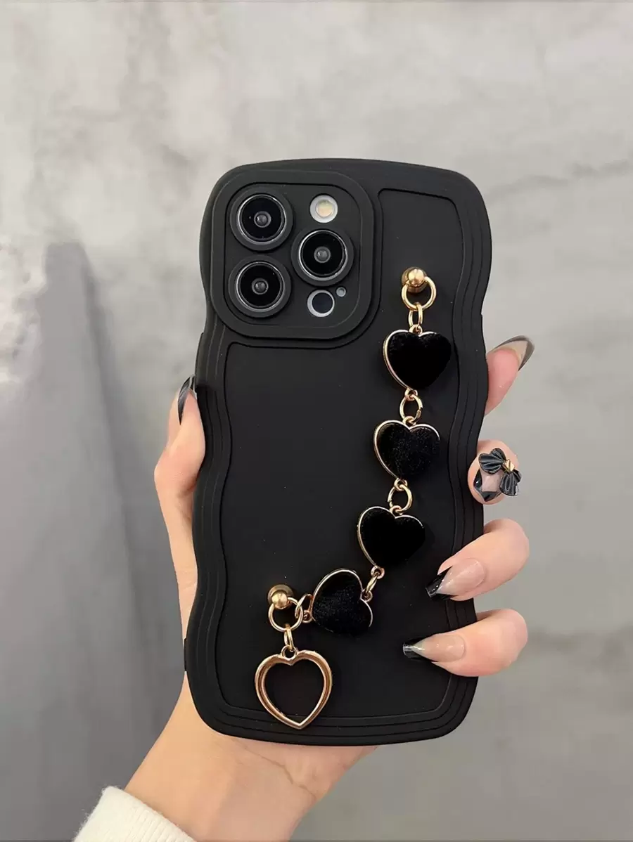 Ốp điện thoại Apple màu đen viền lượn sóng hình trái tim, có quai xách, chống nước, chống sốc, chống rơi, chống trầy xước, quà tặng mùa xuân. - màu đen - Xem 1