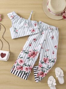 Toddler Girls Striped & Floral Print Ruffle Asymmetrical Neck Top & Bow Front Trousers - Multicolor - View 1