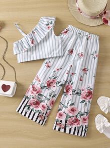 Toddler Girls Striped & Floral Print Ruffle Asymmetrical Neck Top & Bow Front Trousers - Multicolor - View 2
