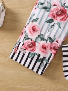 Toddler Girls Striped & Floral Print Ruffle Asymmetrical Neck Top & Bow Front Trousers - Multicolor - View 3