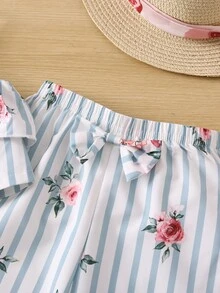 Toddler Girls Striped & Floral Print Ruffle Asymmetrical Neck Top & Bow Front Trousers - Multicolor - View 5