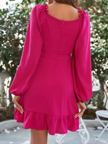 Breezaya Sweetheart Neck Lantern Sleeve Ruffle Hem Belted Dress - Hot Pink - View 2