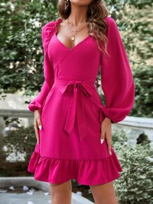 Breezaya Sweetheart Neck Lantern Sleeve Ruffle Hem Belted Dress - Hot Pink - View 6