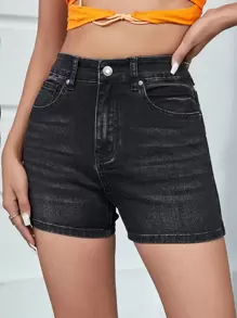Skinny Denim Shorts - Black - View 1