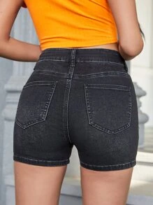 Skinny Denim Shorts - Black - View 2