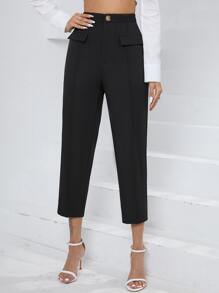 SHEIN Essnce High Waist Flap Detail Cropped Suit Trousers - Black - View 3