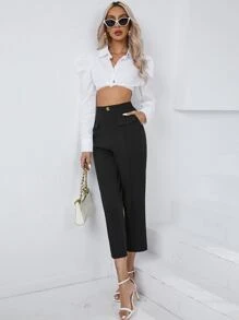SHEIN Essnce High Waist Flap Detail Cropped Suit Trousers - Black - View 4