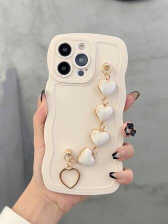 Pulsera a prueba de golpes con diseño de onda y funda de teléfono con forma de corazón y manzana compatible con iPhone 11, 12, 13, 14, 12 Pro Max, 13 Pro Max, 15, 15 Pro, 15 Plus, 15 Pro Max, 16, 16 Pro, 16 Plus, 16 Pro Max, 17, 17 Pro, 17 Pro Max