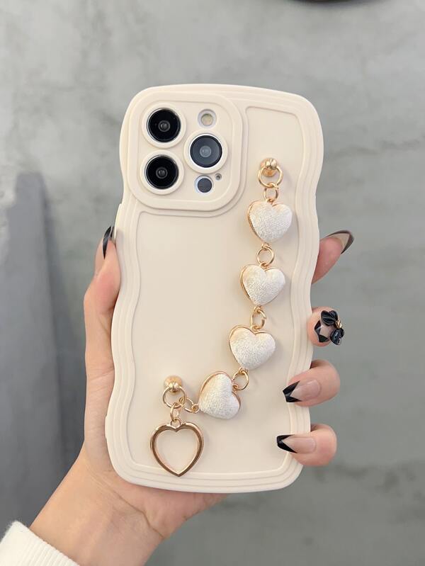Valentines Plain Phone Case With Heart Decor Hand Strap
