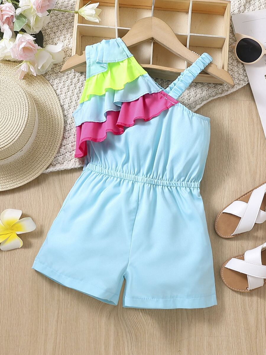 Toddler Girls Colourblock Ruffle Trim Asymmetrical Neck Romper - Blue - View 1