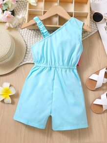 Toddler Girls Colourblock Ruffle Trim Asymmetrical Neck Romper - Blue - View 2