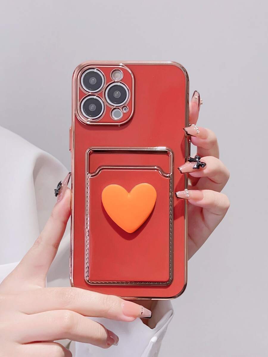 Heart Decor Phone Case With Card Slot - Red - View 1