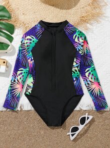 Tween Girl Tropical Print Zipper Front Raglan Sleeve One Piece Swimsuit - Multicolor - View 1