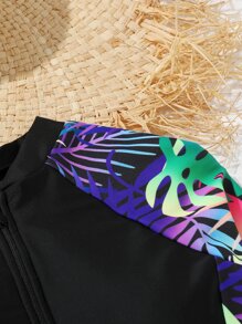 Tween Girl Tropical Print Zipper Front Raglan Sleeve One Piece Swimsuit - Multicolor - View 3