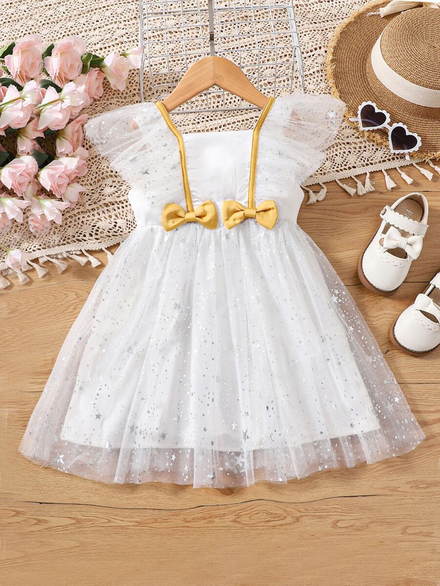 Young Girls Bow Front Ruffle Trim Star Mesh Overlay Party Dress - White - View 1