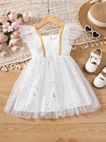 Young Girls Bow Front Ruffle Trim Star Mesh Overlay Party Dress - White - View 2