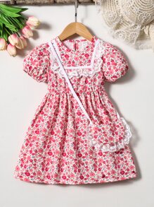 小女童碎花蕾絲拼接泡泡袖洋裝附包